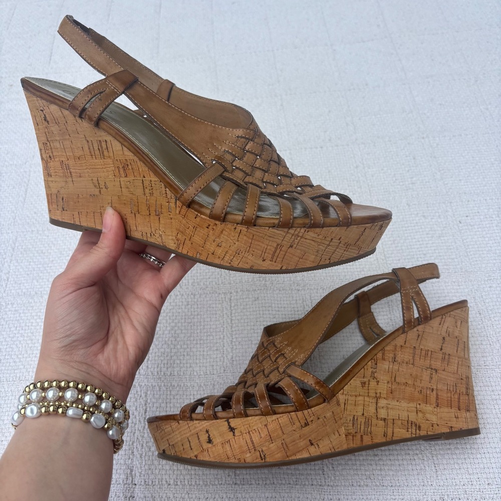 Women's 9.5 Y2K GUESS Brown Faux Leather Hurache Cork Wedge Peep Toe Sandals